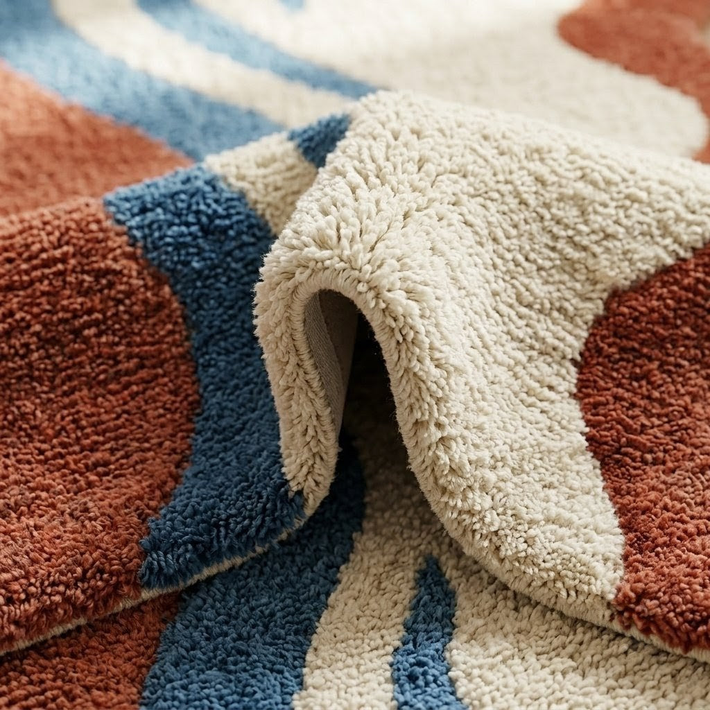 Hand Tufted Abstract Runner Rug – Terracotta Blue & Cream Wavy Area Rug, Modern Organic Shaped Hallway Carpet
