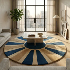 Blue & Beige Round Wool Rug | Modern Sunburst Hand Tufted Carpet