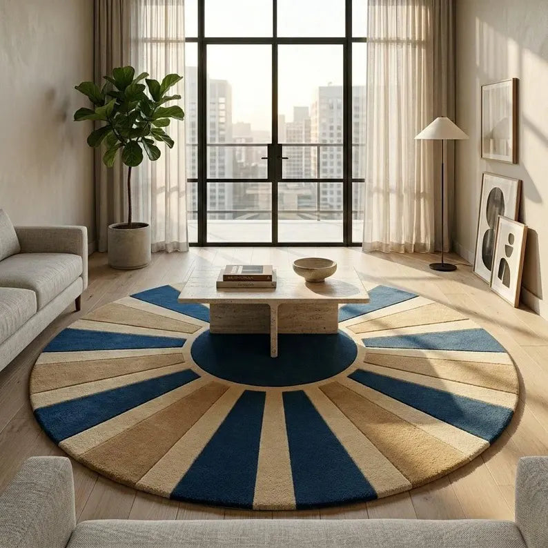 Blue & Beige Round Wool Rug | Modern Sunburst Hand Tufted Carpet