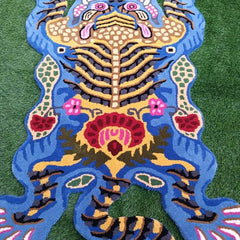 Blue Tiger Shape Area Rug | Hand Tufted New Zealand Wool Abstract Animal Rug | Modern Statement Carpet