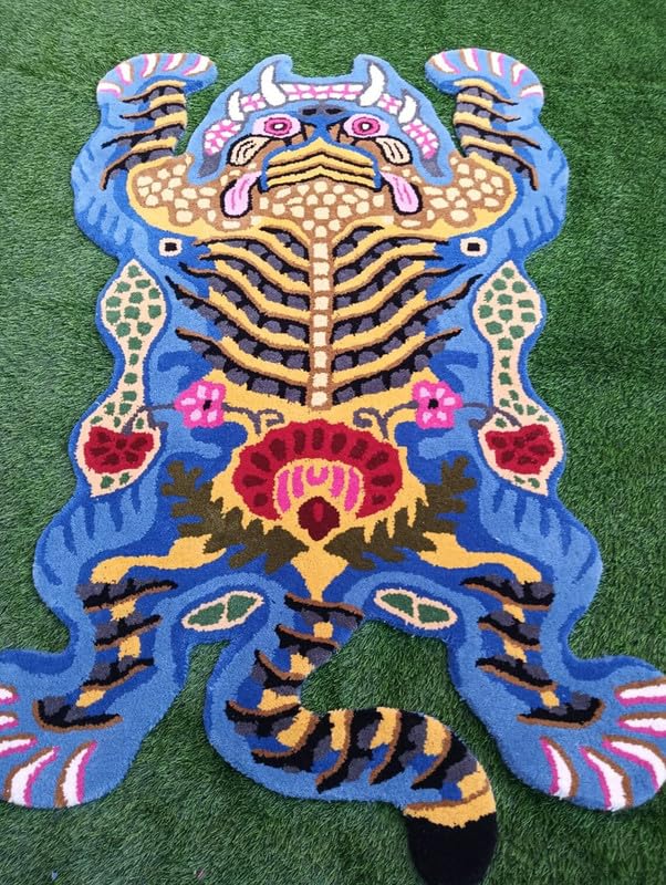 Blue Tiger Shape Area Rug | Hand Tufted New Zealand Wool Abstract Animal Rug | Modern Statement Carpet