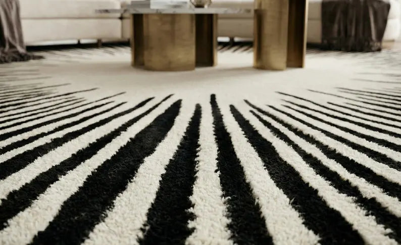 White & Black Round Area Rug | Hand Tufted New Zealand Wool Sunburst Carpet | Modern Luxury Floor Decor