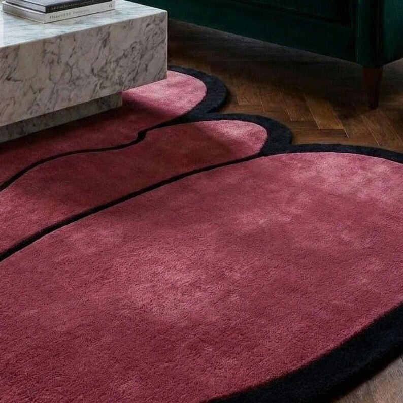 Hand Tufted New Zealand Wool Area Rug | Irregular Maroon & Jet Black Luxury Designer Carpet