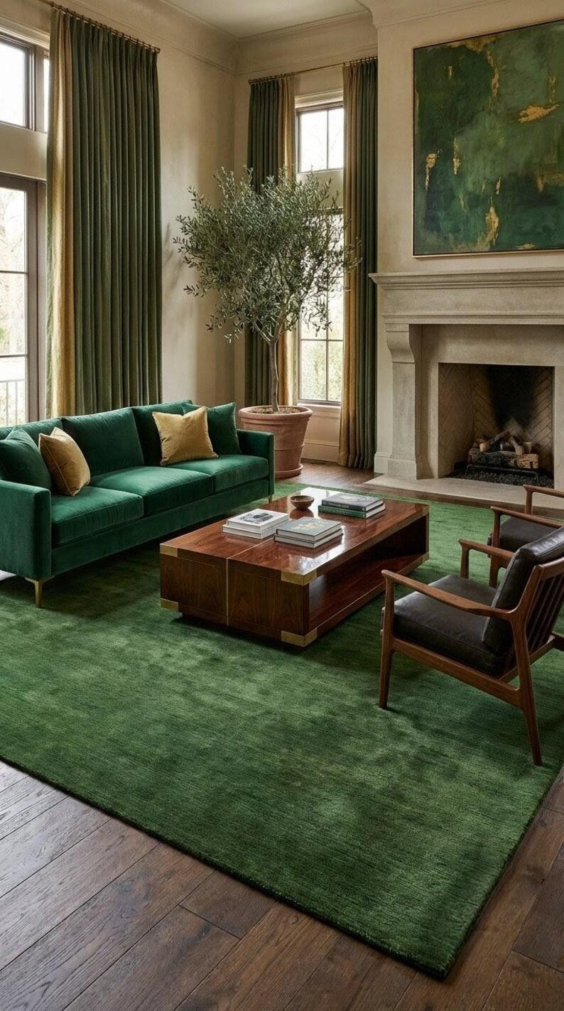 Solid Olive Green Hand-Tufted Wool Area Rug | Luxury Minimalist Carpet for Living Room, Bedroom & Home Decor