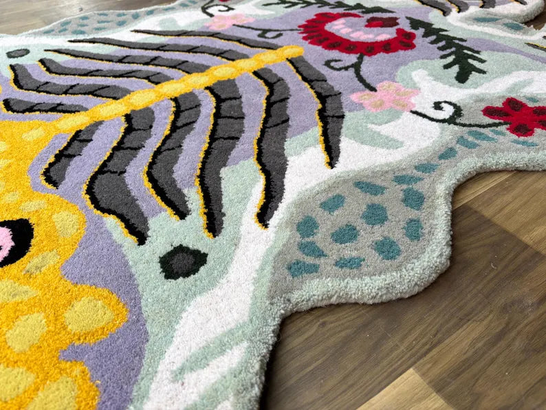 Hand Tufted New Zealand Wool Animal Rug | Modern White Tiger Shape Area Rug |  Unique Artistic Statement Carpet