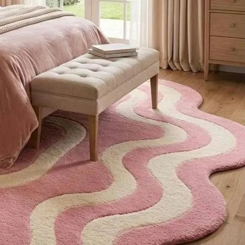 Premium New Zealand Wool Tufted Area Rug | Blush Pink & Soft Cream Abstract Luxury Plush Carpet for Bedroom & Living Room