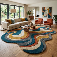 Abstract Wavy Rug, Hand Tufted Wool Rug, Colorful Irregular Shape Carpet, Psychedelic Retro Rug, Modern Living Room Decor