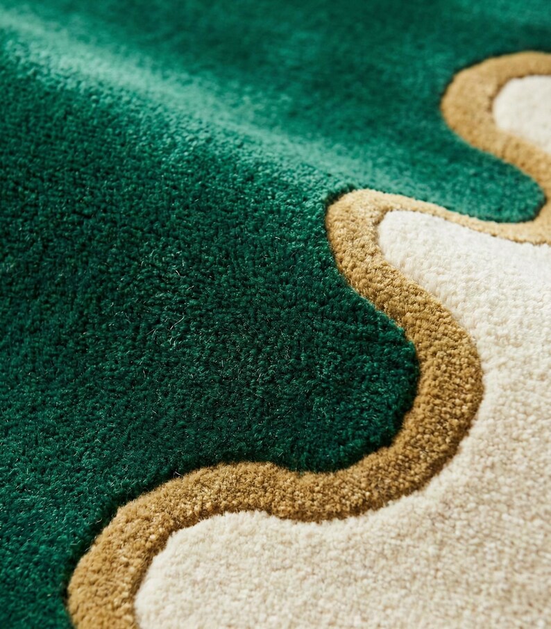 Modern Green Scalloped Edge Rug | Hand Tufted New Zealand Wool Luxury Living Room Area Rug
