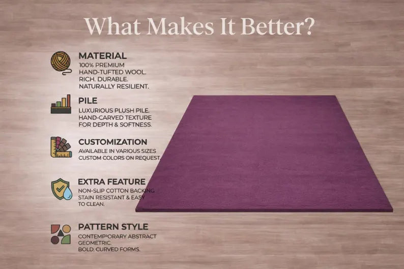 Plush Aubergine Shag Rug, Deep Purple Velvet, Modern Living Room Decor