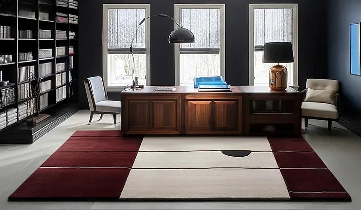 Hand Tufted Premium Color-Block Wool Carpet | Modern Burgundy & Cream Area Rug for Living Room & Bedroom