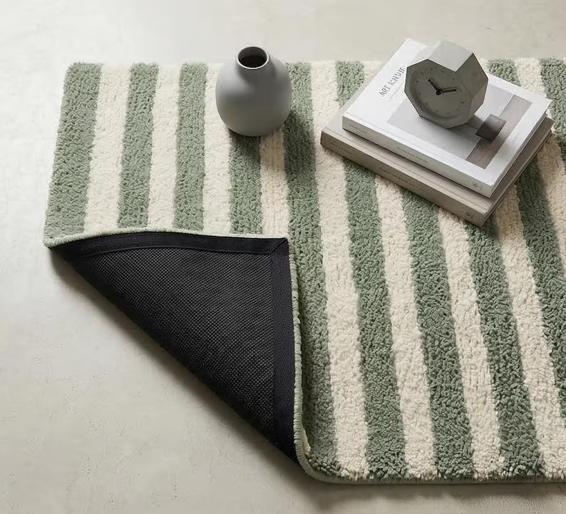 Sage Green Striped Runner Rug – Hand Tufted Wool Scandinavian Minimalist Hallway Carpet Home Decor