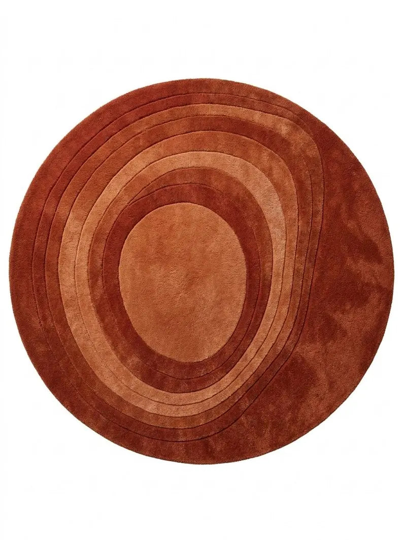 Round Abstract Wool Area Rug, Hand Tufted Modern Design, Terracotta & Burnt Orange Circle, Luxury Living Room & Bedroom Decor