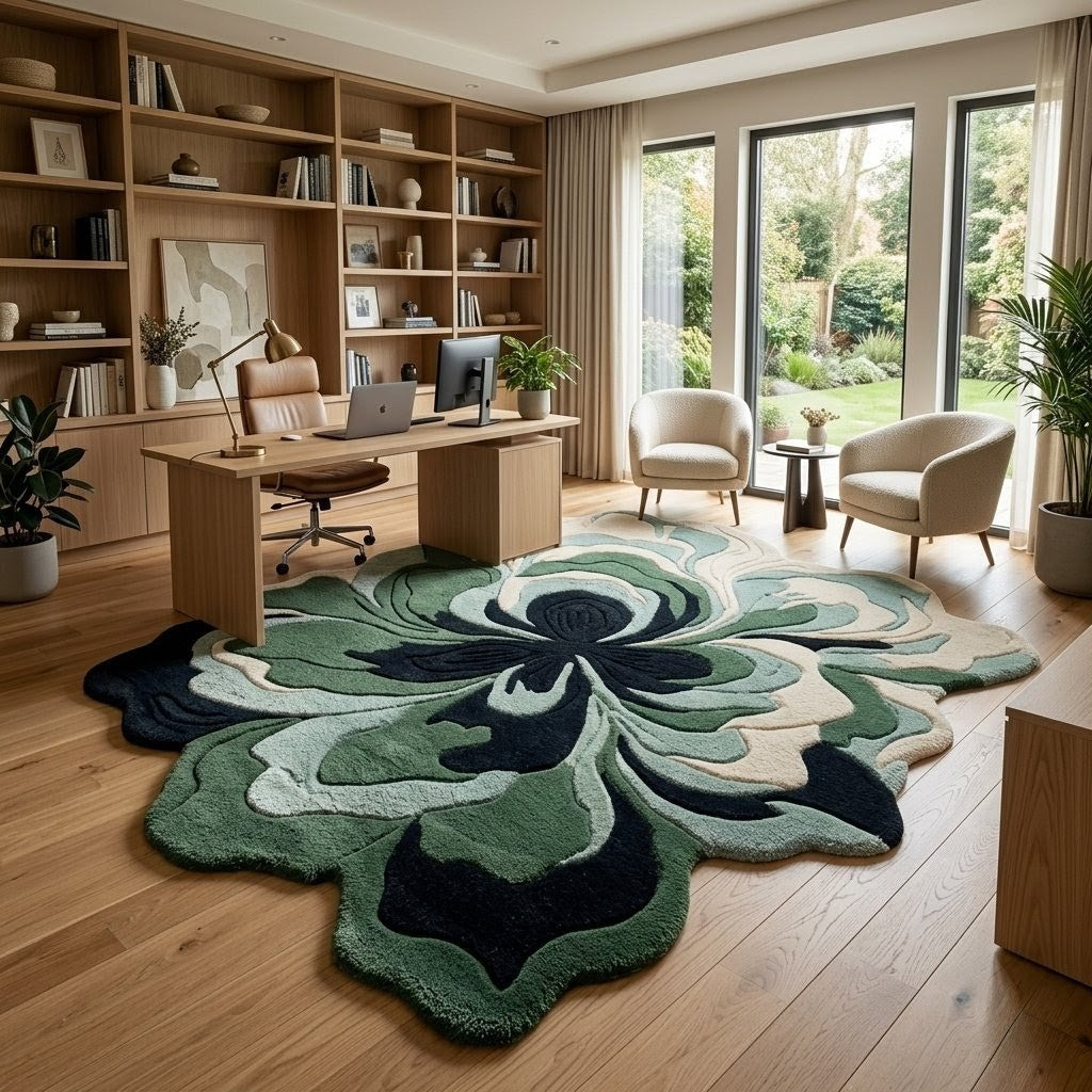 Green & Navy Botanical Flower Rug, Organic Shaped Statement Rug for Living Room & Bedroom