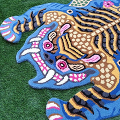 Blue Tiger Shape Area Rug | Hand Tufted New Zealand Wool Abstract Animal Rug | Modern Statement Carpet