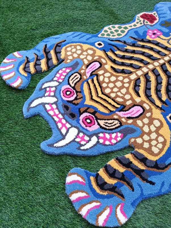 Blue Tiger Shape Area Rug | Hand Tufted New Zealand Wool Abstract Animal Rug | Modern Statement Carpet