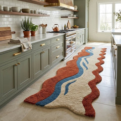 Hand Tufted Abstract Runner Rug – Terracotta Blue & Cream Wavy Area Rug, Modern Organic Shaped Hallway Carpet