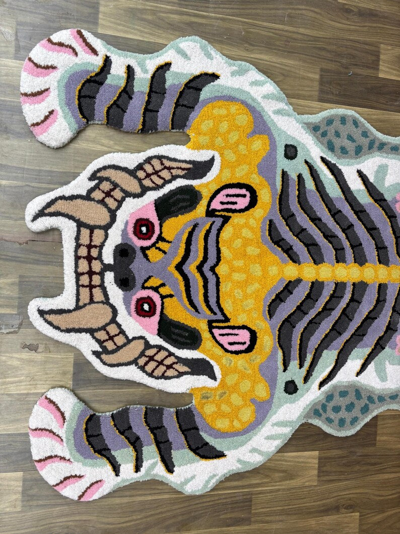 Hand Tufted New Zealand Wool Animal Rug | Modern White Tiger Shape Area Rug |  Unique Artistic Statement Carpet