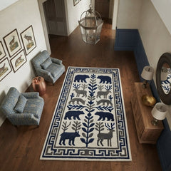 Wildlife Hand Tufted Rug – Bear & Deer Forest Wool Area Rug, Scandinavian Folk Art Rug, Rustic Cabin Decor