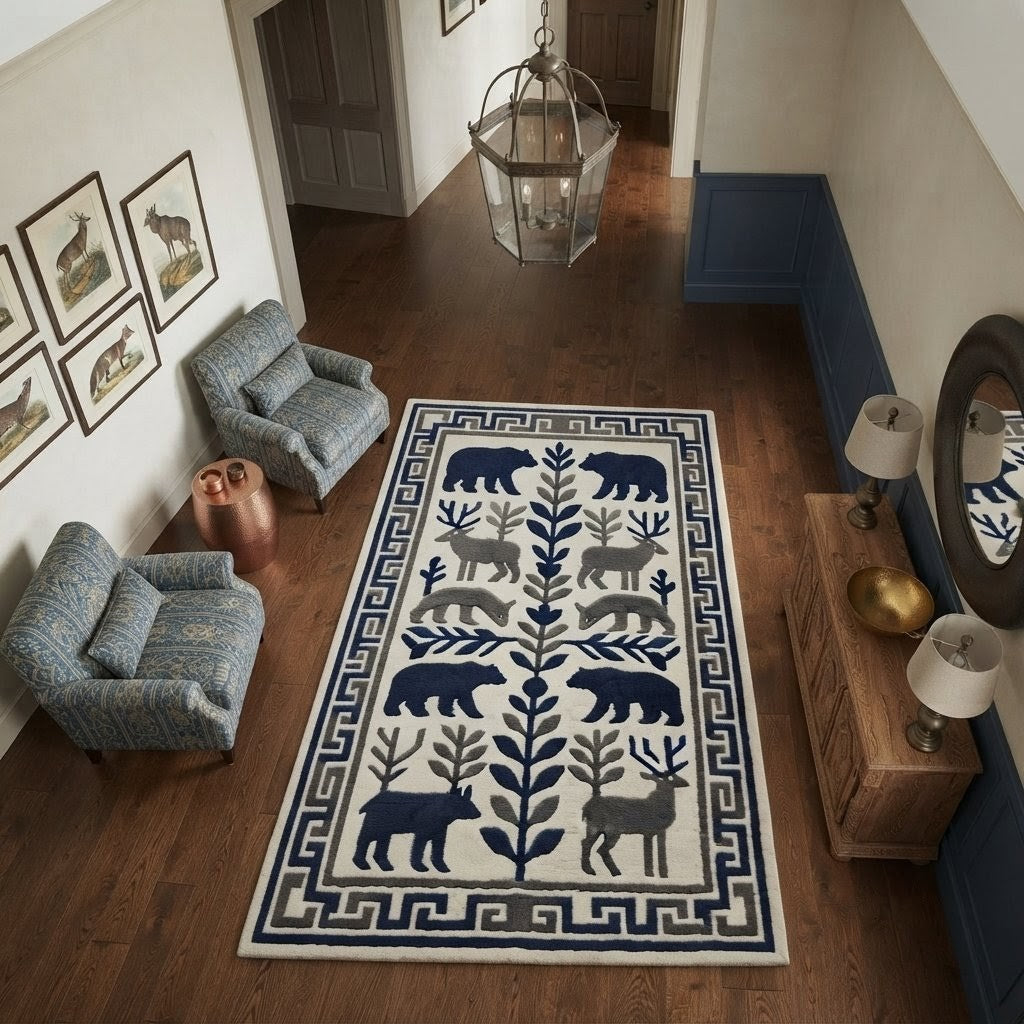 Wildlife Hand Tufted Rug – Bear & Deer Forest Wool Area Rug, Scandinavian Folk Art Rug, Rustic Cabin Decor