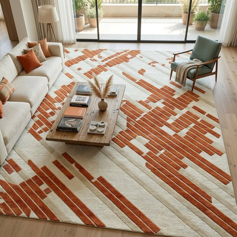 Modern Abstract Terracotta Rug – Cream & Rust Geometric Area Rug, Contemporary Handmade Rug for Living Room & Bedroom