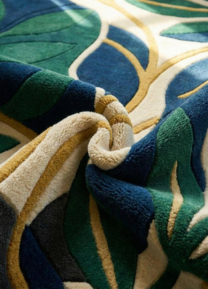 Luxury Round Botanical Rug | Hand Tufted 100% New Zealand Wool Leaf Area Carpet