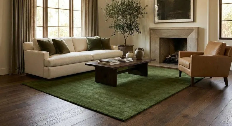 Solid Olive Green Hand-Tufted Wool Area Rug | Luxury Minimalist Carpet for Living Room, Bedroom & Home Decor