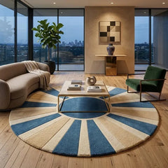Blue & Beige Round Wool Rug | Modern Sunburst Hand Tufted Carpet