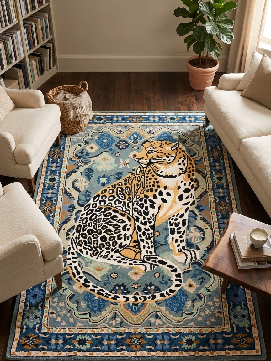 Leopard Area Rug, Hand Tufted Wool Carpet, Vintage Persian Design, Statement Decor