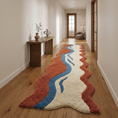 Hand Tufted Abstract Runner Rug – Terracotta Blue & Cream Wavy Area Rug, Modern Organic Shaped Hallway Carpet