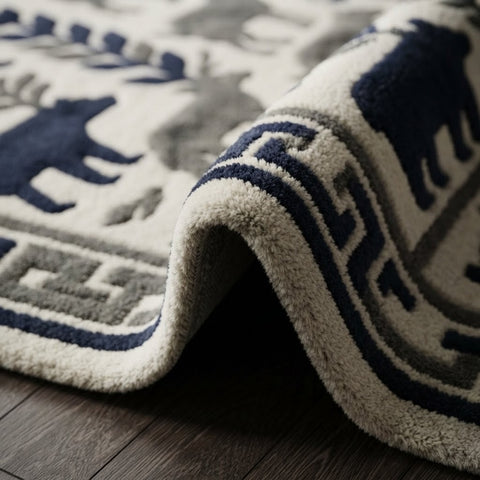 Wildlife Hand Tufted Rug – Bear & Deer Forest Wool Area Rug, Scandinavian Folk Art Rug, Rustic Cabin Decor