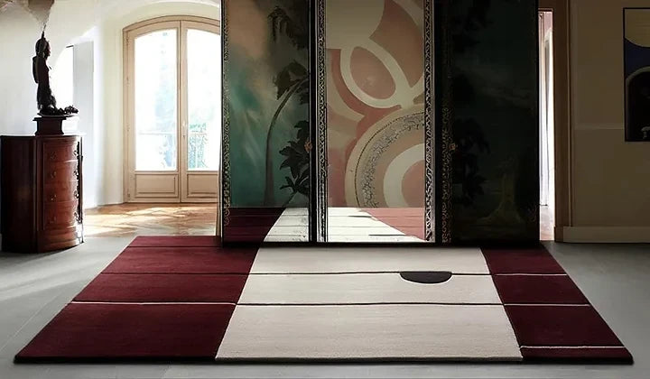 Hand Tufted Premium Color-Block Wool Carpet | Modern Burgundy & Cream Area Rug for Living Room & Bedroom