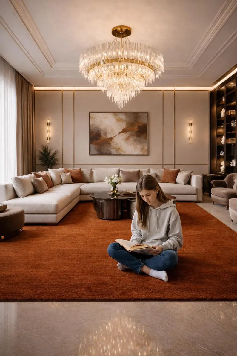 Luxury Burnt Rust Hand Tufted New Zealand Wool Area Rug – Premium Modern Carpet for Living Room, Designer Home Decor