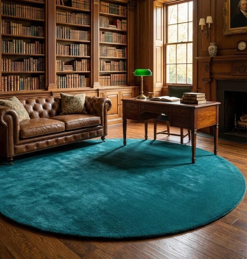 Dark Teal Round Area Rug 9x9 – Luxury Hand Tufted New Zealand Wool, Solid Modern Living Room Carpet, Thick Plush Contemporary Rug