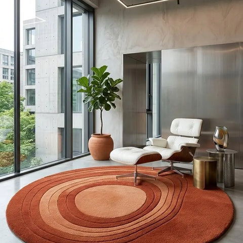 Round Abstract Wool Area Rug, Hand Tufted Modern Design, Terracotta & Burnt Orange Circle, Luxury Living Room & Bedroom Decor