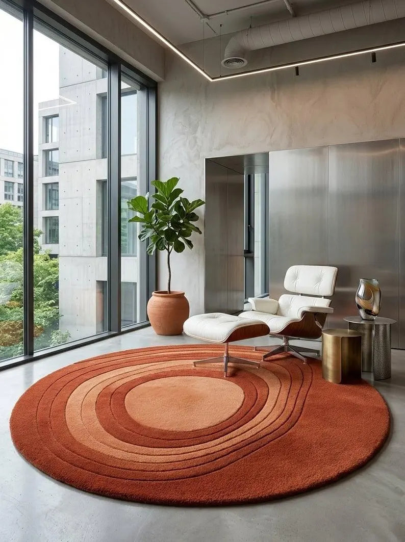 Round Abstract Wool Area Rug, Hand Tufted Modern Design, Terracotta & Burnt Orange Circle, Luxury Living Room & Bedroom Decor