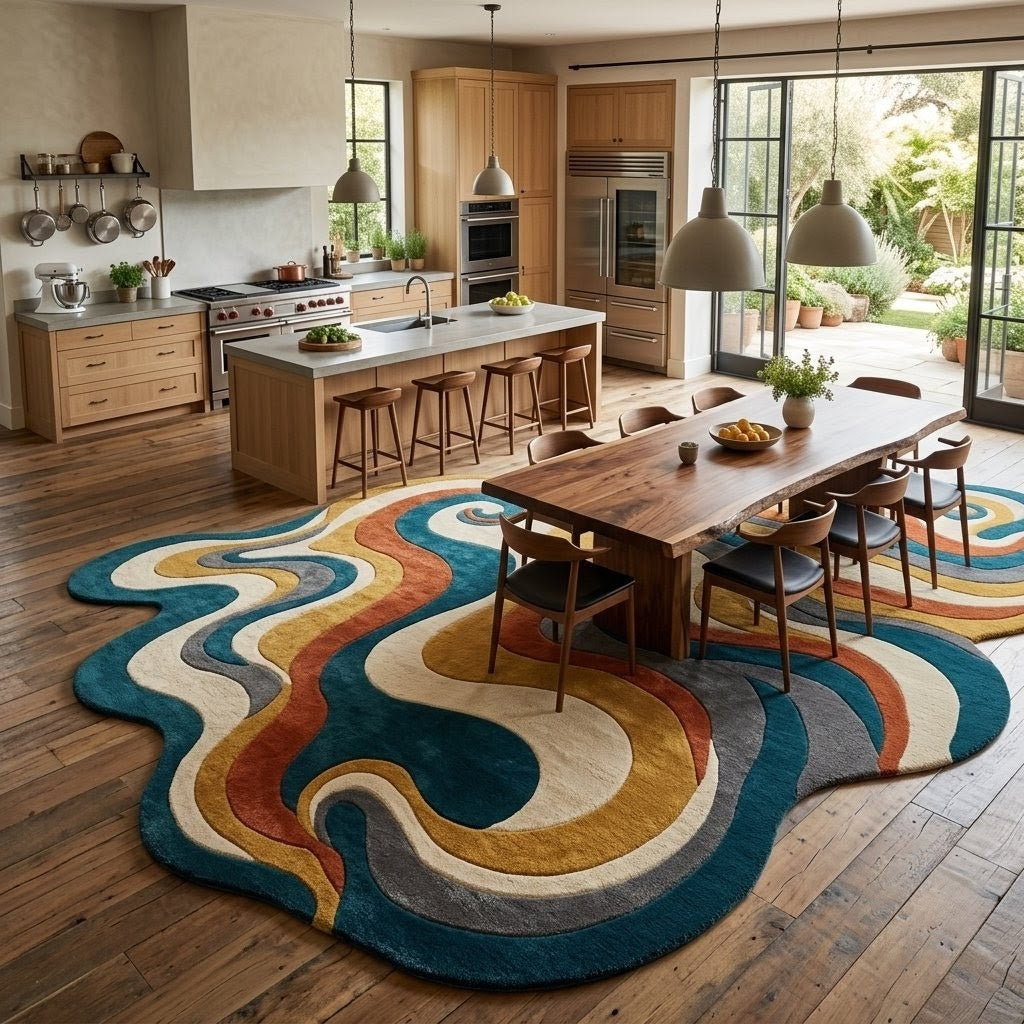 Abstract Wavy Rug, Hand Tufted Wool Rug, Colorful Irregular Shape Carpet, Psychedelic Retro Rug, Modern Living Room Decor