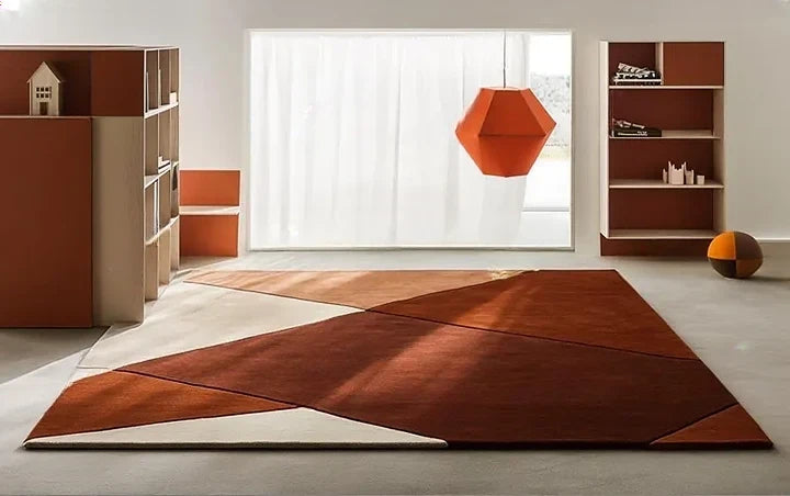 Modern Geometric Hand-Tufted Wool Rug | Luxury Designer Carpet in Terracotta, Rust & Cream for Living Room & Bedroom
