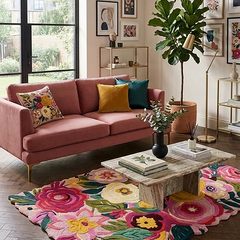 Pink Floral Irregular Rug, Hand Tufted Plush Botanical Carpet, Maximalist Home Decor