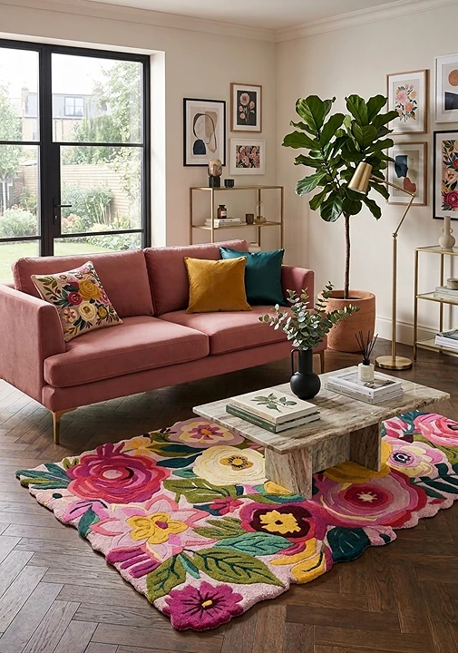 Pink Floral Irregular Rug, Hand Tufted Plush Botanical Carpet, Maximalist Home Decor