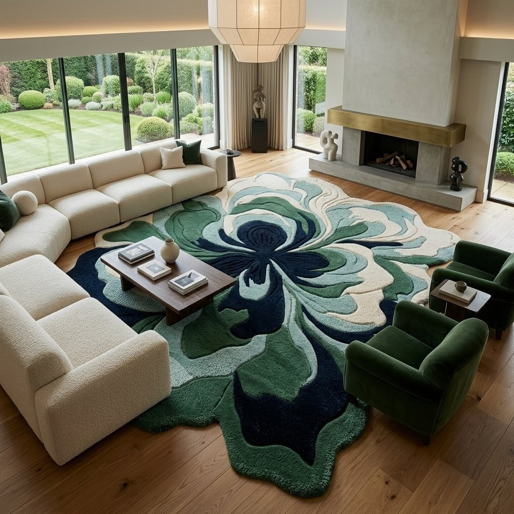 Green & Navy Botanical Flower Rug, Organic Shaped Statement Rug for Living Room & Bedroom