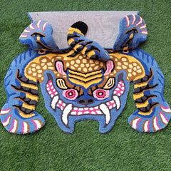 Blue Tiger Shape Area Rug | Hand Tufted New Zealand Wool Abstract Animal Rug | Modern Statement Carpet