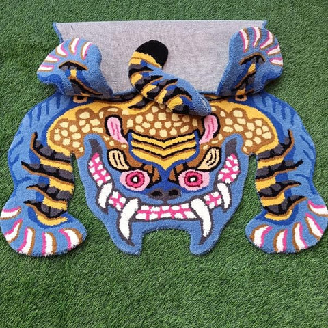 Blue Tiger Shape Area Rug | Hand Tufted New Zealand Wool Abstract Animal Rug | Modern Statement Carpet