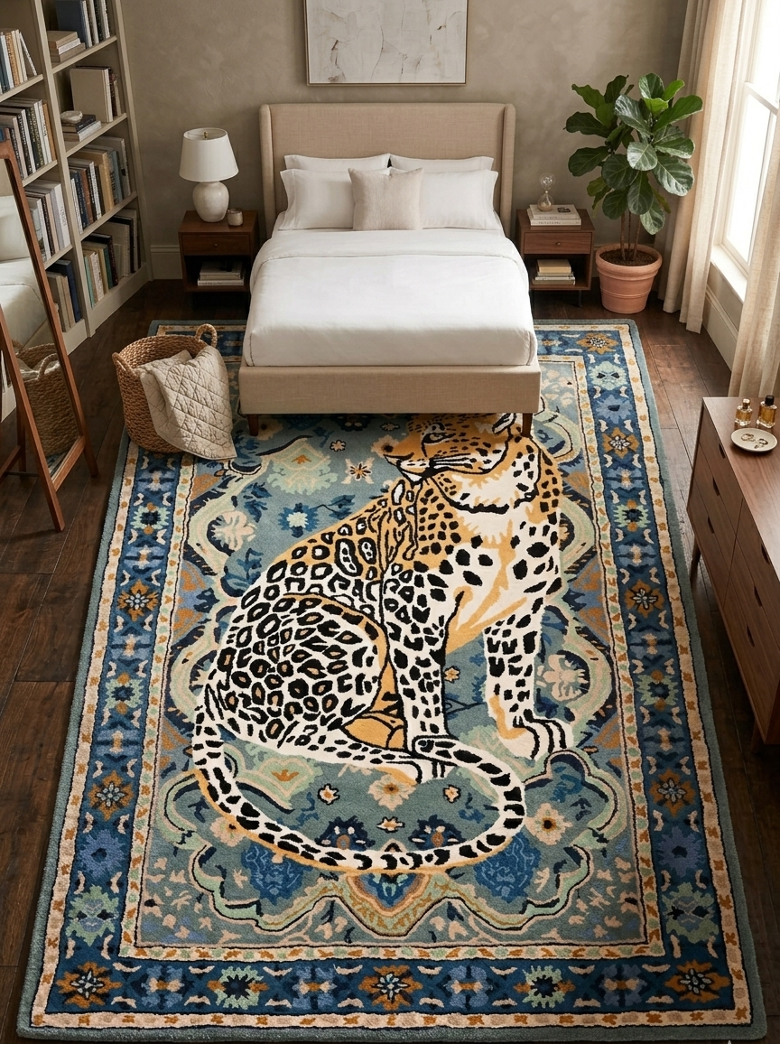 Leopard Area Rug, Hand Tufted Wool Carpet, Vintage Persian Design, Statement Decor