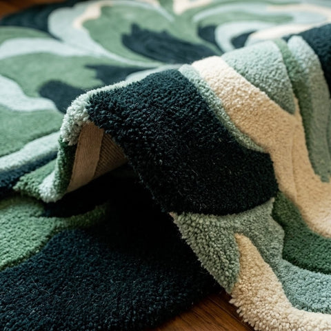 Green & Navy Botanical Flower Rug, Organic Shaped Statement Rug for Living Room & Bedroom