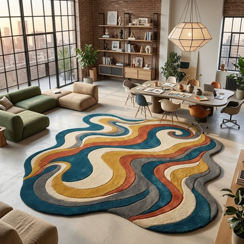 Abstract Wavy Rug, Hand Tufted Wool Rug, Colorful Irregular Shape Carpet, Psychedelic Retro Rug, Modern Living Room Decor