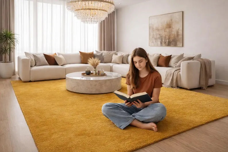 Mustard Yellow Area Rug, Soft Plush Rug, Modern Minimalist Home Decor