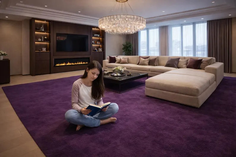 Plush Aubergine Shag Rug, Deep Purple Velvet, Modern Living Room Decor