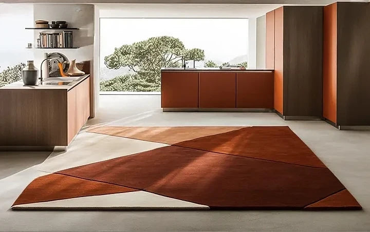 Modern Geometric Hand-Tufted Wool Rug | Luxury Designer Carpet in Terracotta, Rust & Cream for Living Room & Bedroom