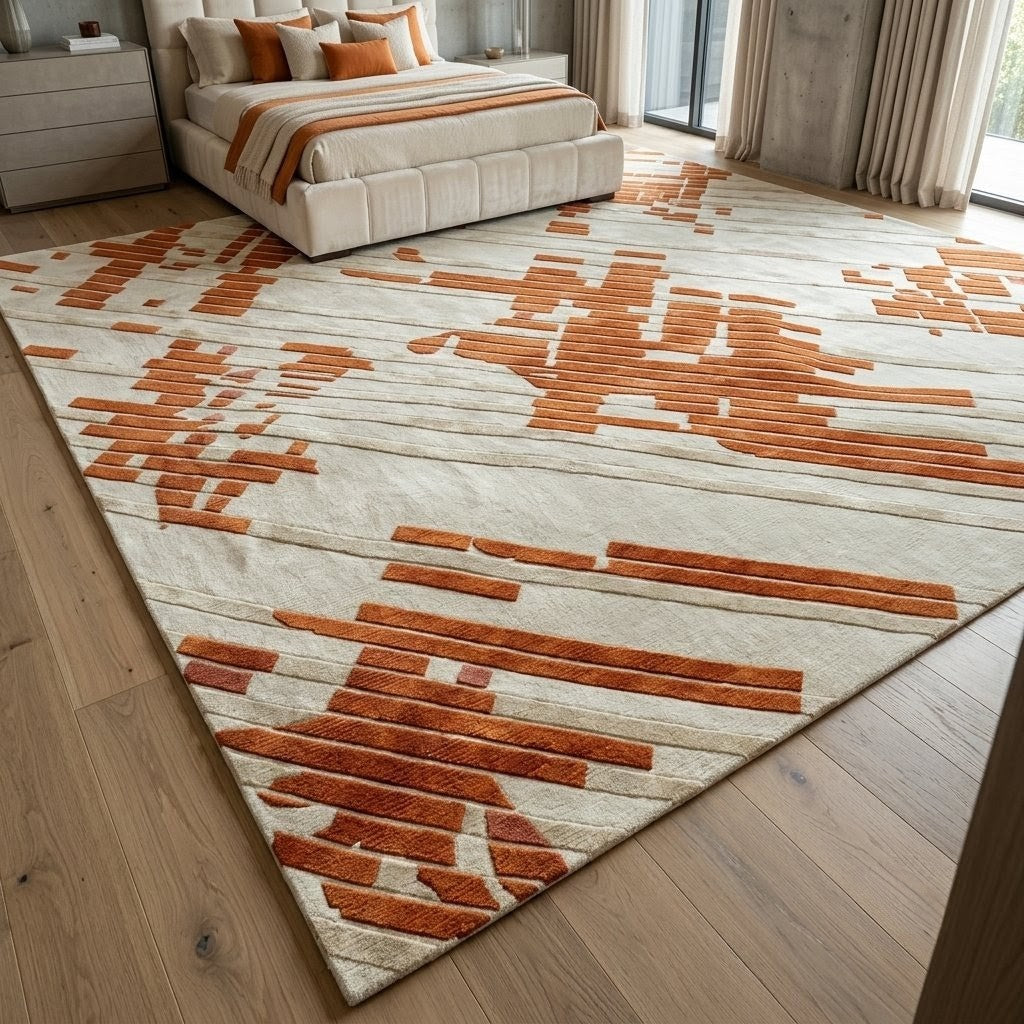 Modern Abstract Terracotta Rug – Cream & Rust Geometric Area Rug, Contemporary Handmade Rug for Living Room & Bedroom