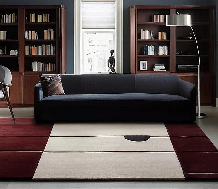 Hand Tufted Premium Color-Block Wool Carpet | Modern Burgundy & Cream Area Rug for Living Room & Bedroom
